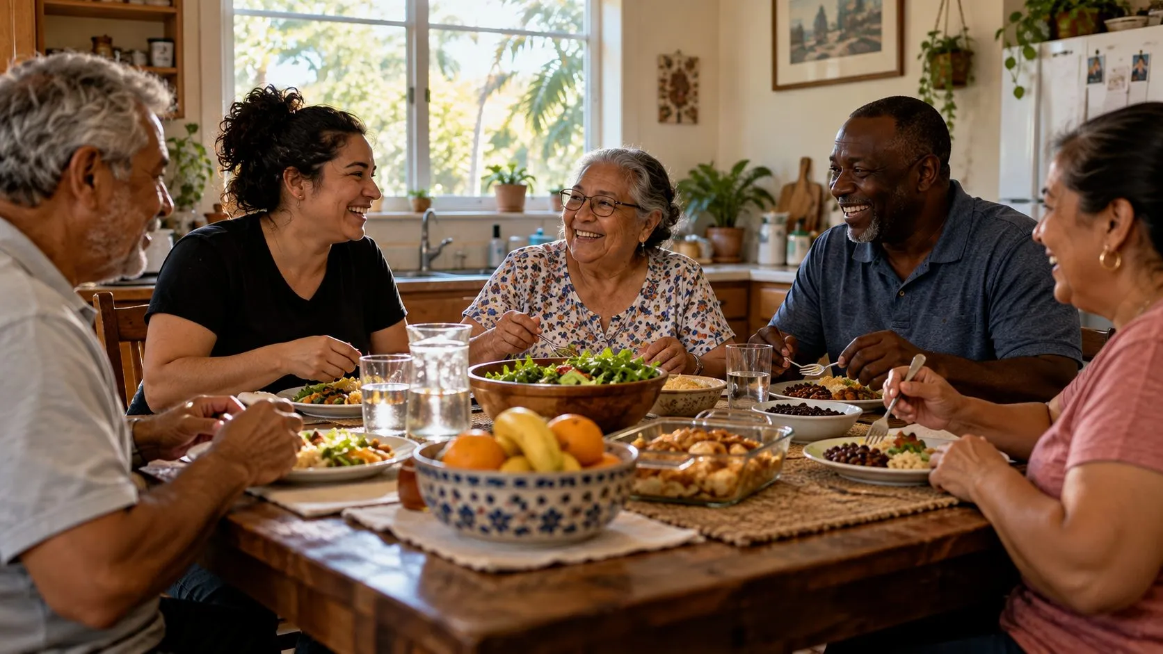 Members and volunteers laughing over a meal around a kitchen table