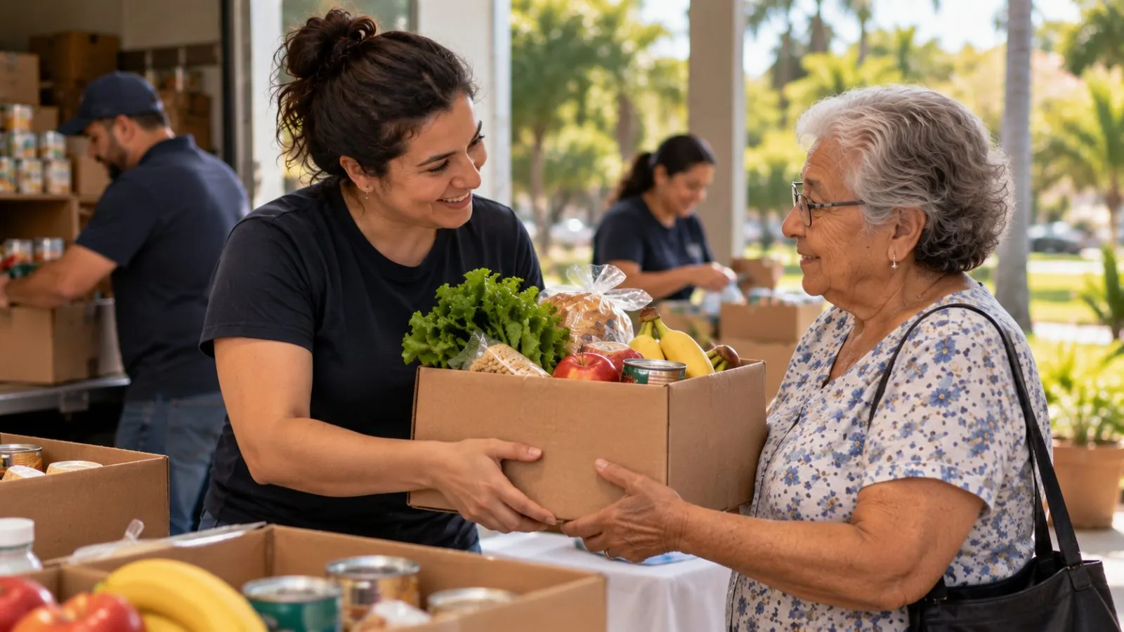 A volunteer handing a member a box of fresh groceries