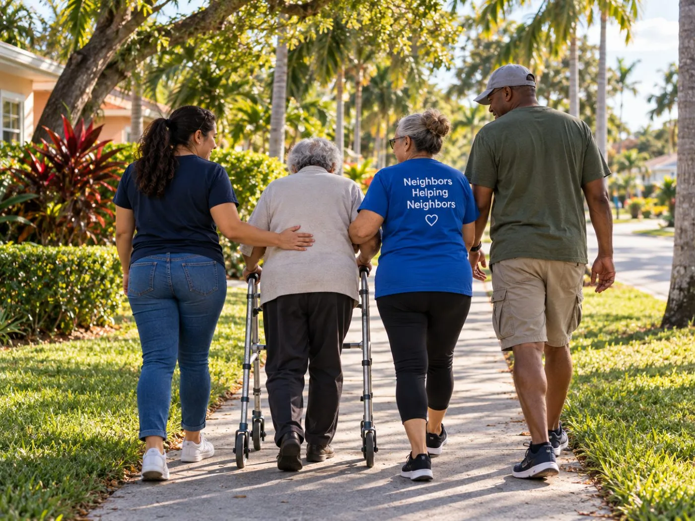 Volunteers walking alongside a member through his neighborhood