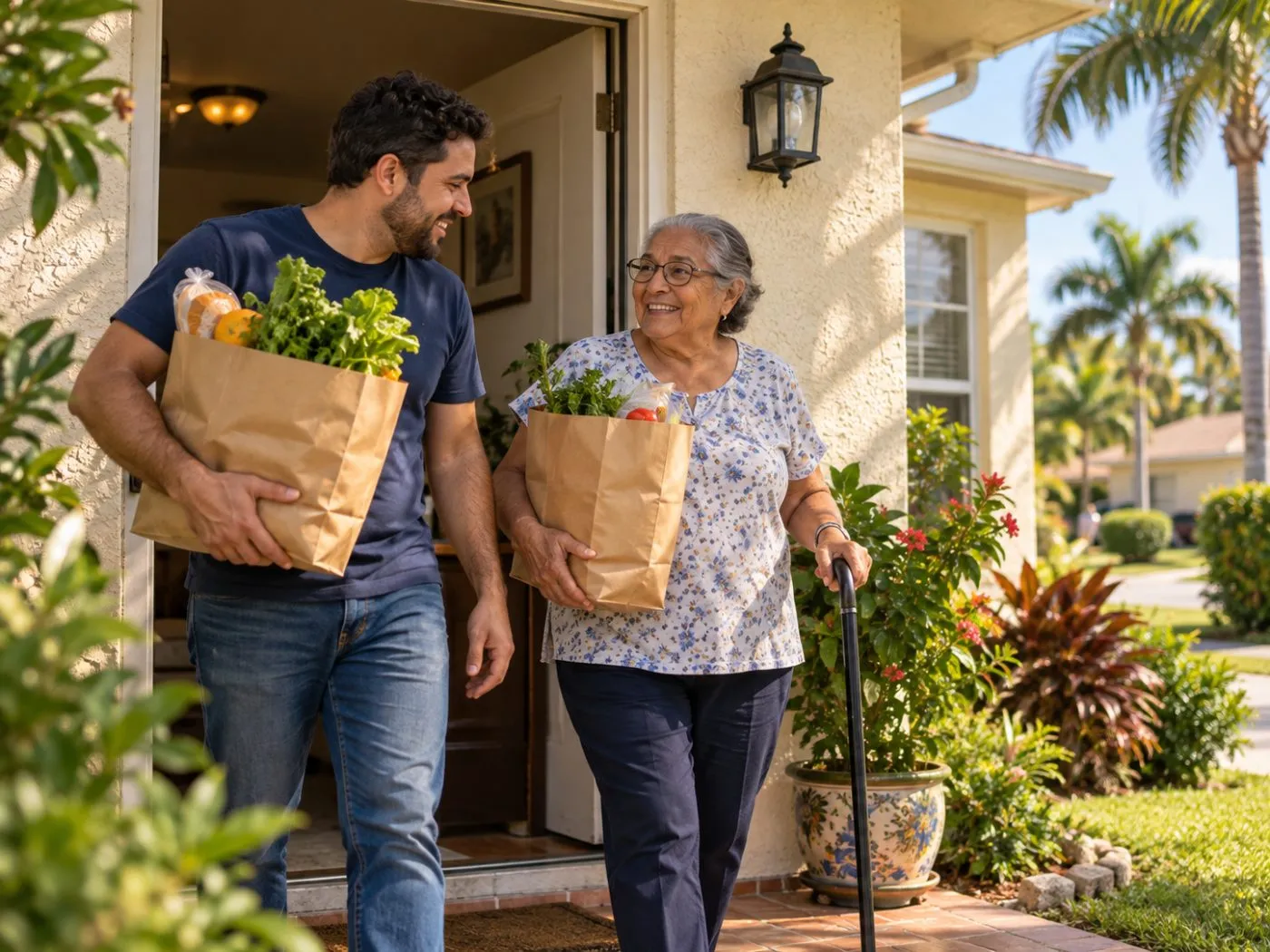 A volunteer walking a member back into her home with her groceries