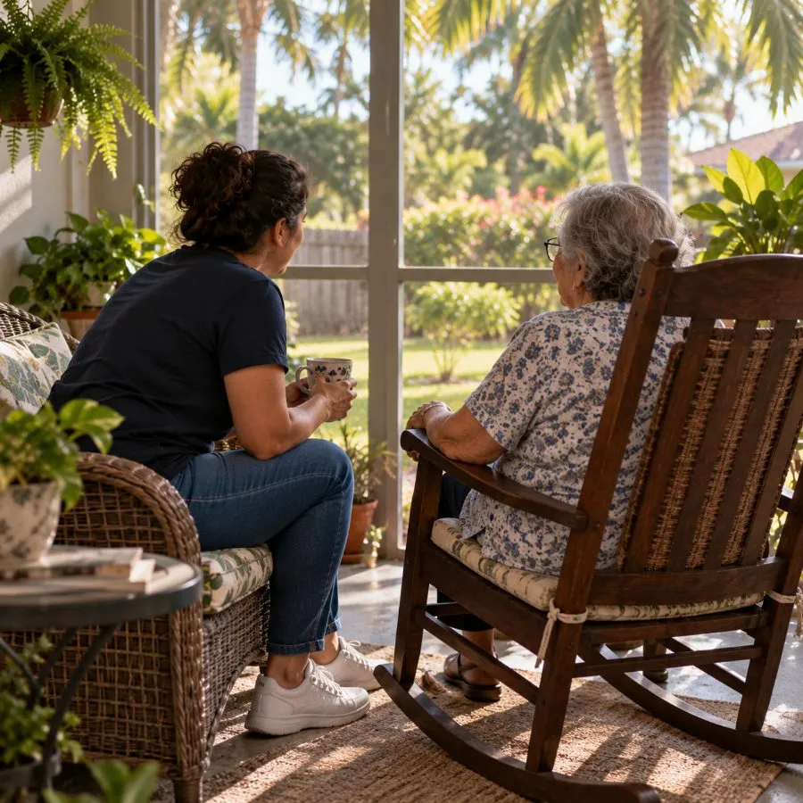 A volunteer and a member sitting together on a screened porch with coffee