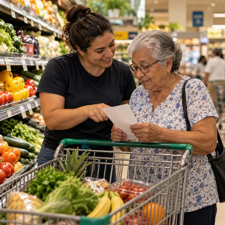 A volunteer and a member going over a shopping list in the produce aisle