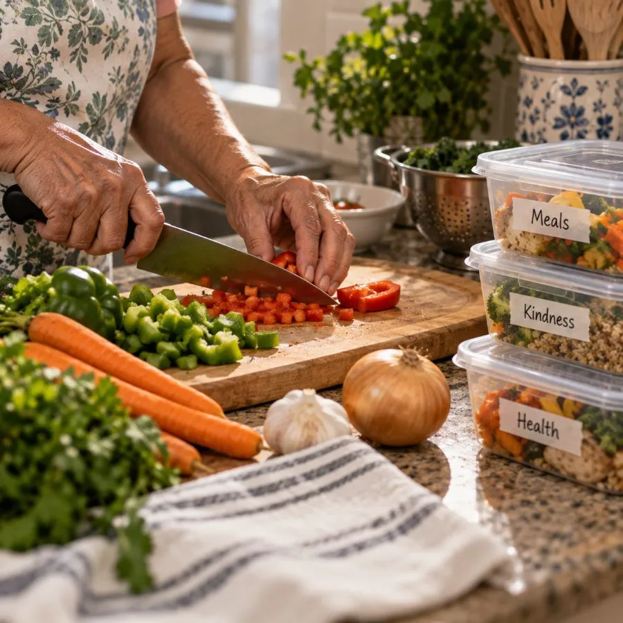 Fresh vegetables being chopped beside labeled meal containers