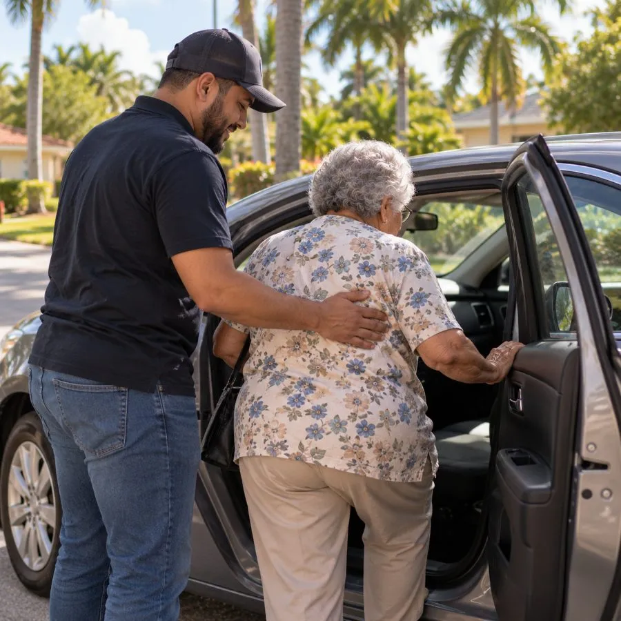 A volunteer helping a member into the passenger seat of a car